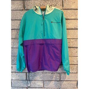 Vintage Champion Colorblock Windbreaker Jacket Teal & Purple Half-Zip Pullover L